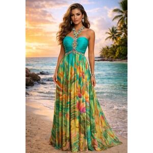 Tony Bowls Beaded Strapless Prom Gown Green Chiffon Tropical Glam  Size 4